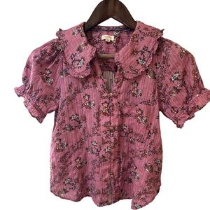 PILCRO Size XS Pink Floral Ruffled Collar Button-Up Blouse